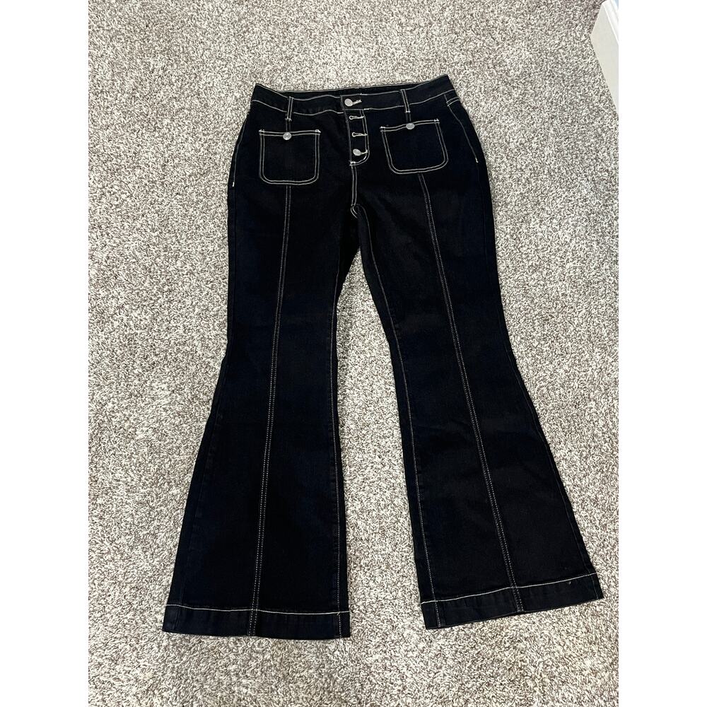 Women’s Black Flare Jeans XL Contrast Stitch Wide Leg Sailor Button Denim